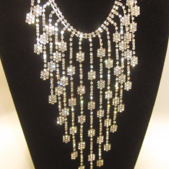 Vintage Jewelry - Vintage Waterfall Bling Rhinestone Statement Necklace